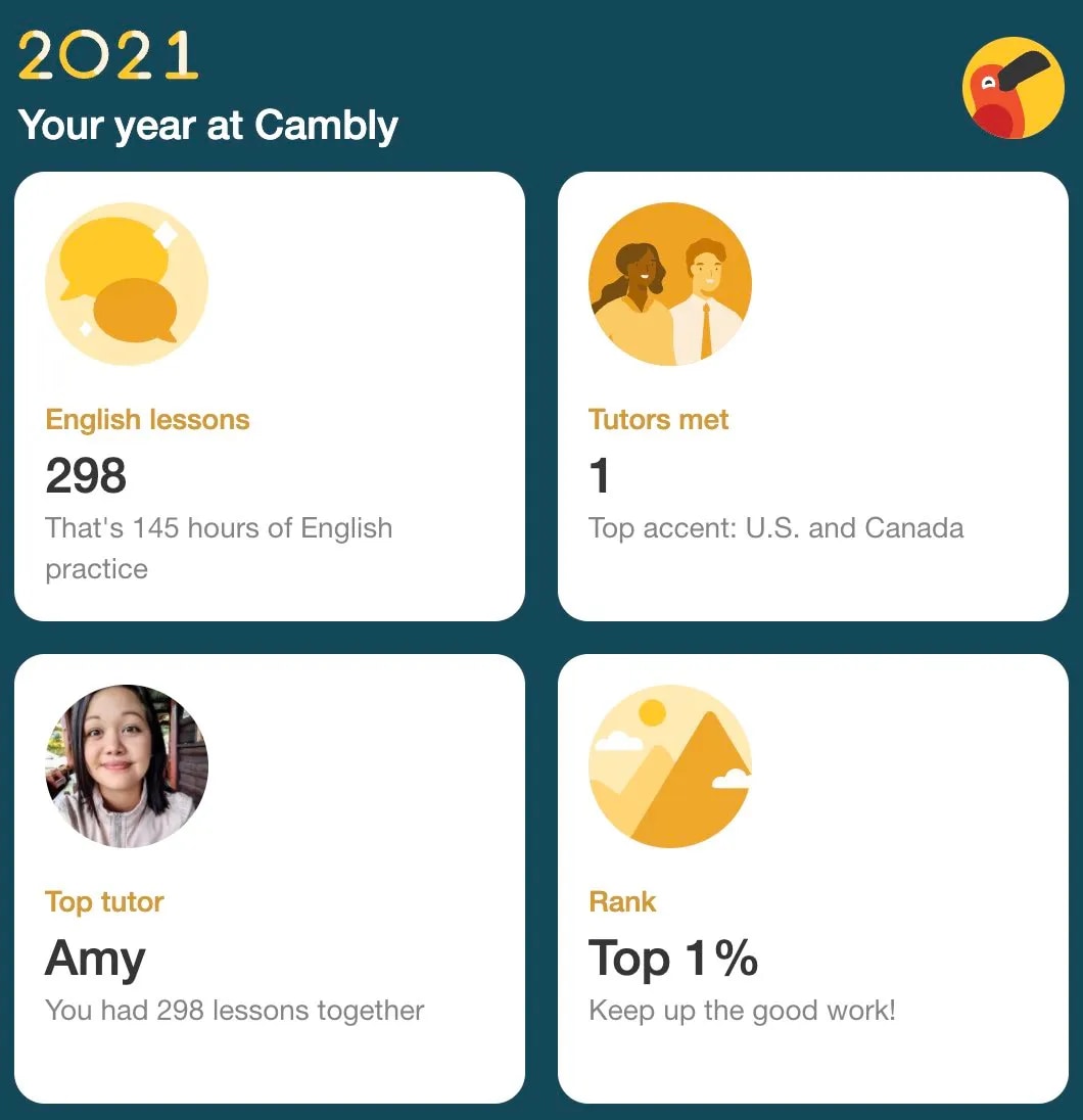 Print da tela do meu perfil na plataforma do Cambly em 2021, onde soube que fiz parte do Top 1%